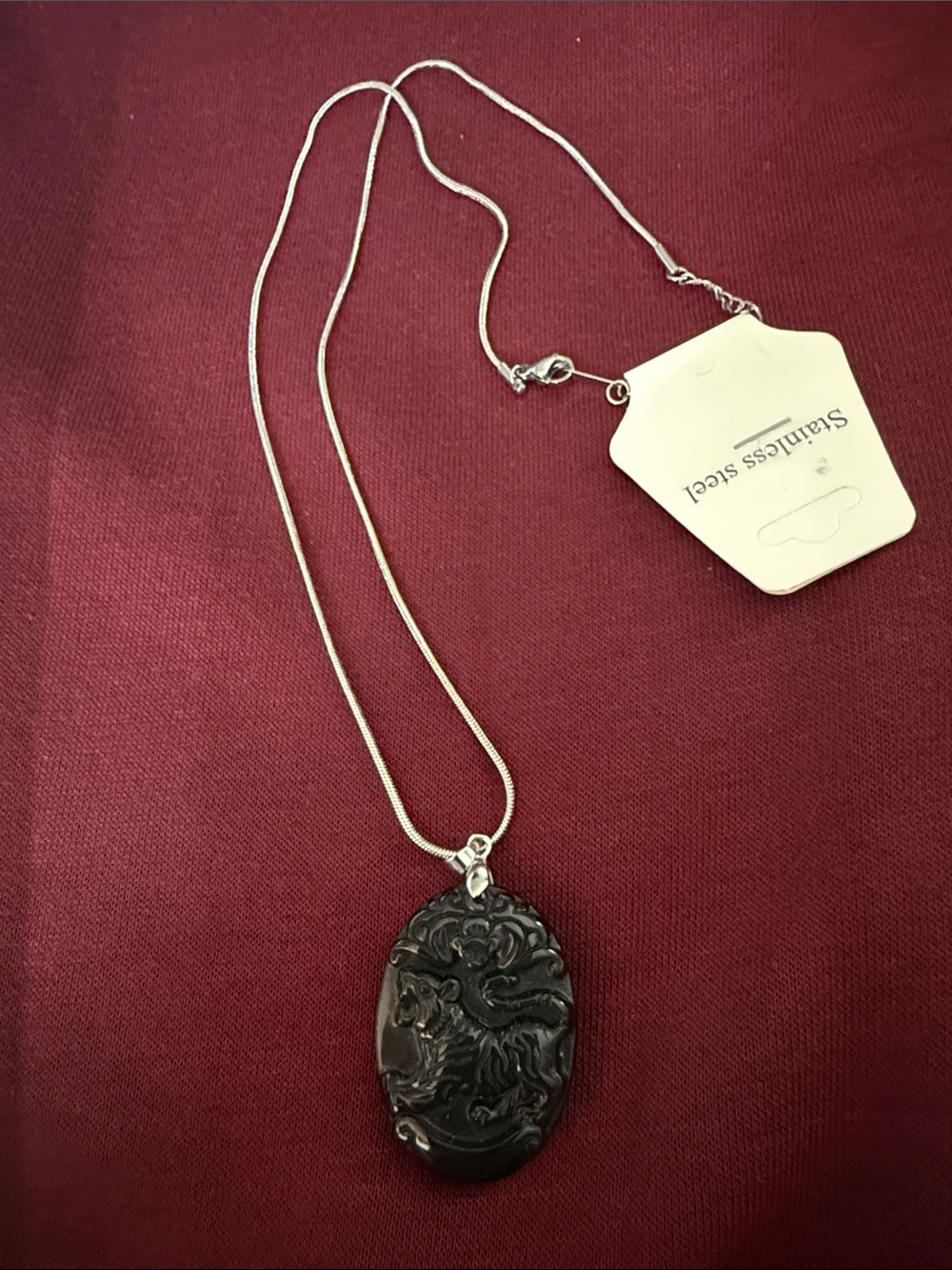 Stainless Steel Women's Black Carved tiger Pendant Necklace